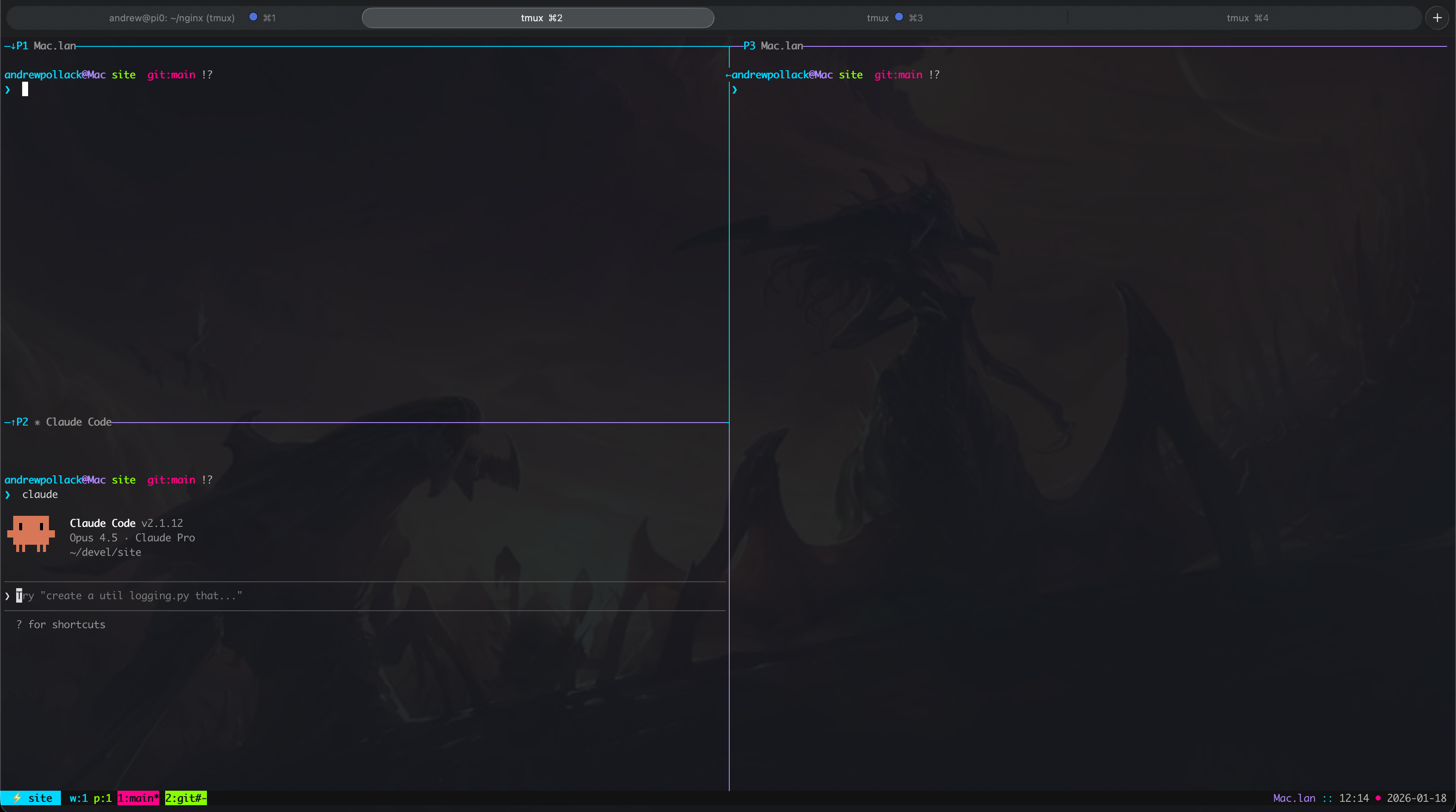 Tmux window with three panes: top-left showing git status, bottom-left running Claude Code, and a right pane for additional work